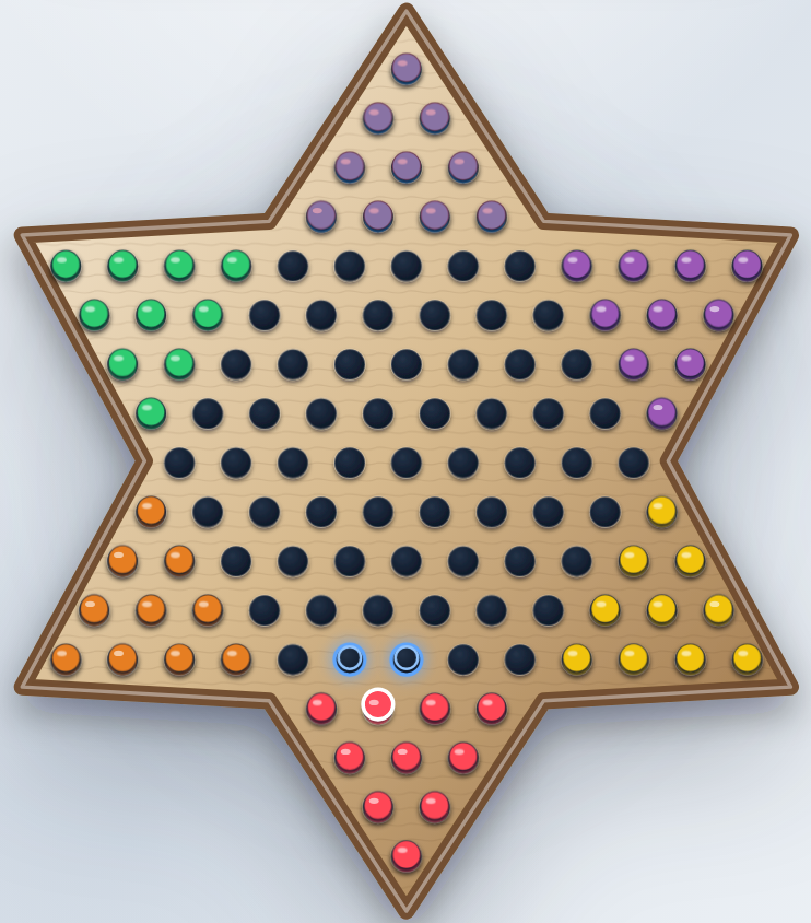 Chinese Checkers board with a selected piece and legal landing spaces highlighted